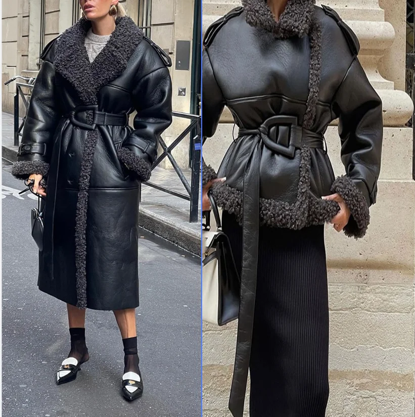 Chaqueta negra de piel de cuero PU para mujer, abrigo corto o largo con cinturón, traje Formal informal cálido para boda y cumpleaños, otoño e invierno