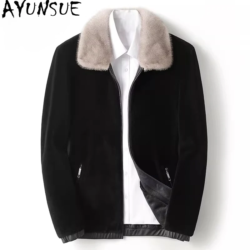 AYUNSUE New 2025 Sheep Shearing Jacket Men Clothing Autumn Winter Short 100% Wool Coats for Man Mink Fur Collar Mens Fur Coats