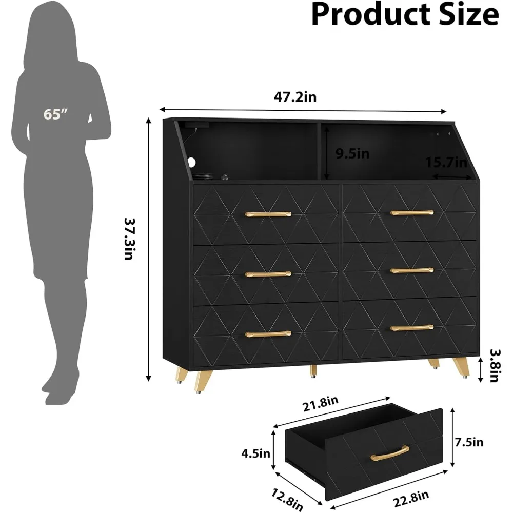 contemporary black wooden dresser with led lighting and charging ports for bedroom