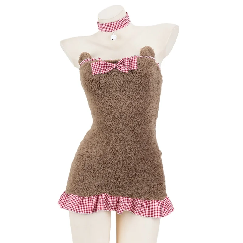 Anime Kawaii Girl śliczny futrzany niedźwiedź sukienka pokojówka kawiarnia kot kelner jednolite Cosplay kobiety pluszowe piżamy stroje kostiumy