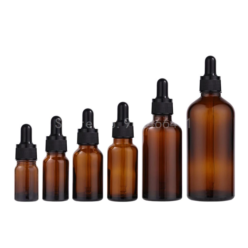 Flaconi contagocce in vetro da 10 pezzi 5ml 10ml 15ml 20ml 30ml 50ml 100ml flacone per Pipette con olio essenziale marrone ambra tappo vuoto nero oro