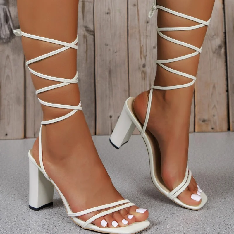 New Summer Women White Elegant Cross Strap Solid Color Square Toe High Heels Woman Open Toe Fashion Sexy Banquet Roman Sandals