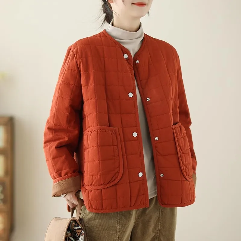 Retro Plaid Collarless Down Cotton Parkas Women 2024 New Light Weight Simple Quilted Winter Coat Loose Cotton-padded Outerwear