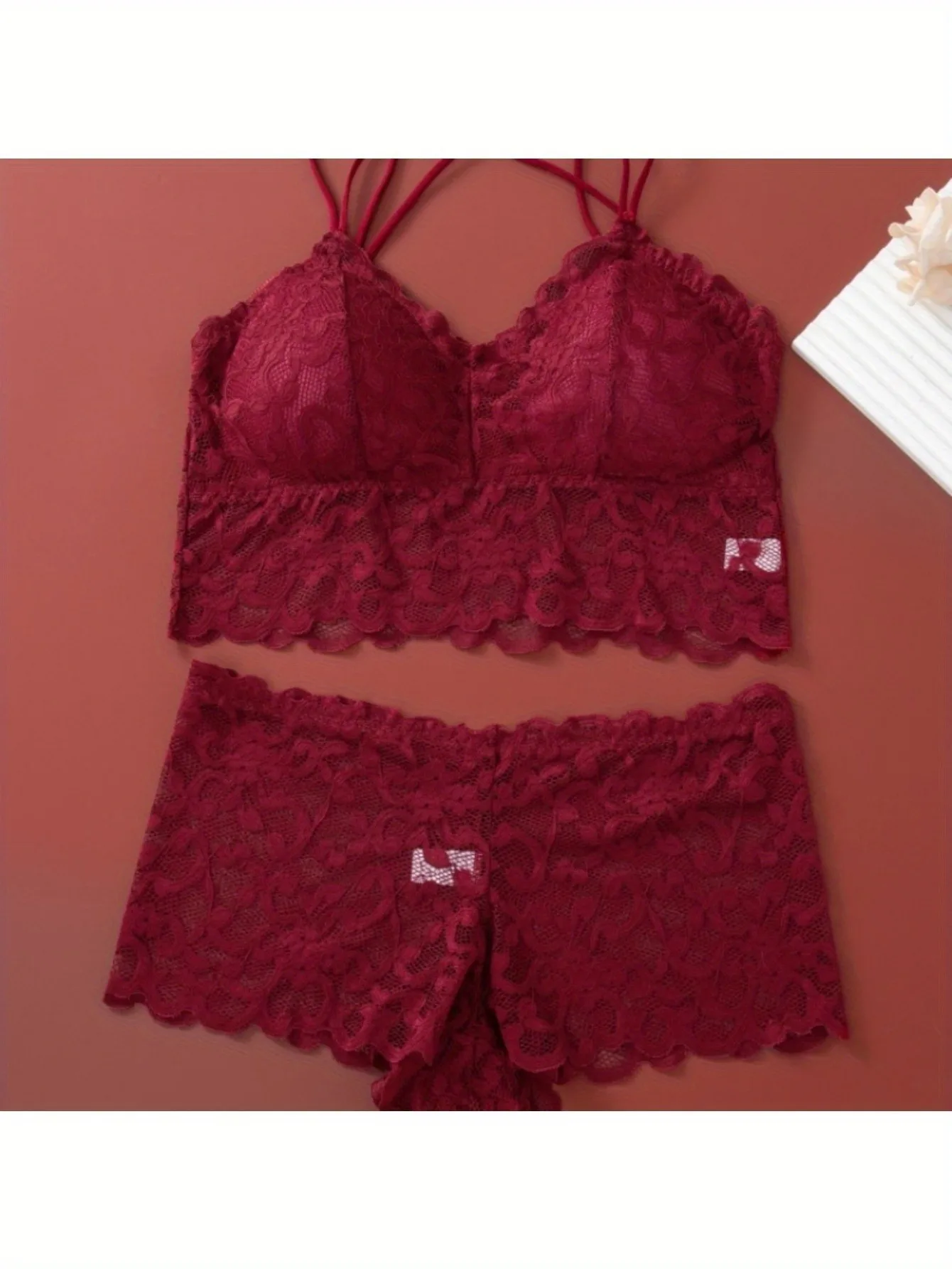 Conjunto de roupa íntima de renda feminina, 8 peças, 4 peças de sutiã + 4 peças de calcinha, design traseiro reunido sem fio para uso diário casual/moda