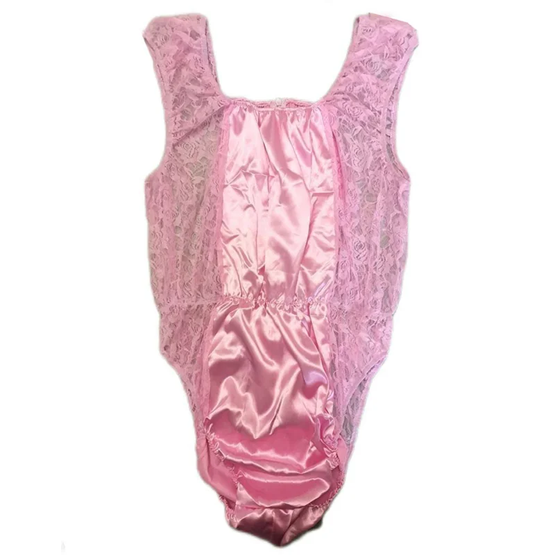 French Sexy Adult Custom Fetishism Cross Dressing Sissy Lace Shoulder Strap Patchwork Satin Jumpsuit Can Be Customized in Multip