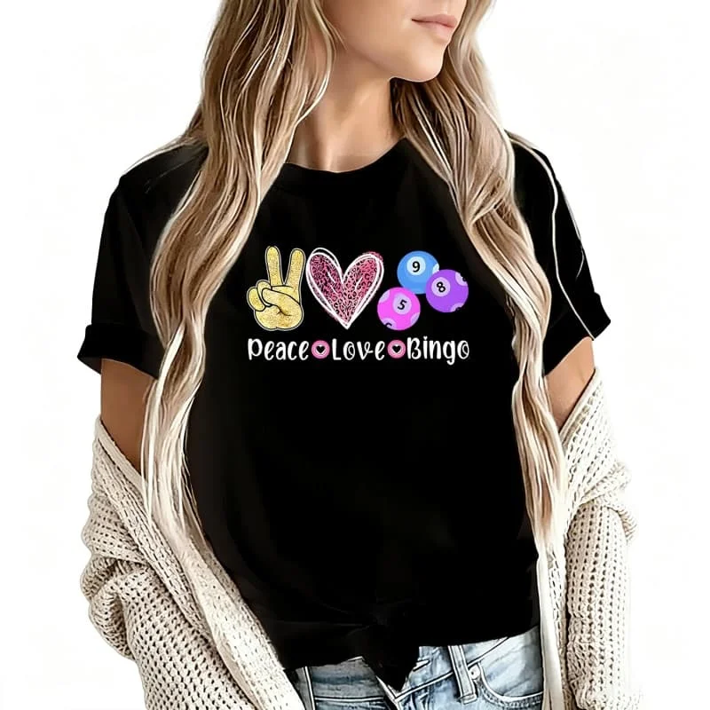 Peace Love Bingo Women's T-Shirt 100% Cotton Funny Graphic Short Sleeve Tee Novelty Shirt Casual Crew Neck Top S-5Xl