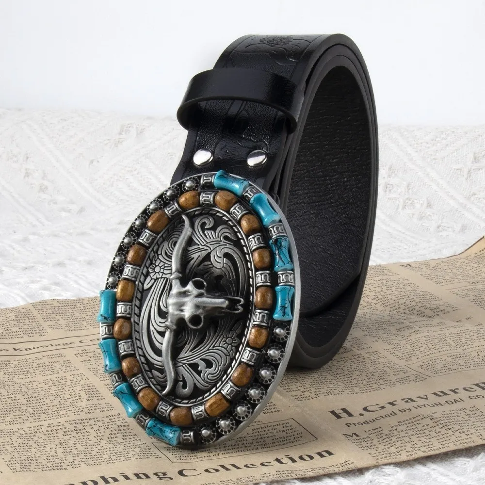 

Trendy Carved Western Cowboy Belt Retro Cow Head Buckle PU Leather Belt Vintage Waistband For Man Women