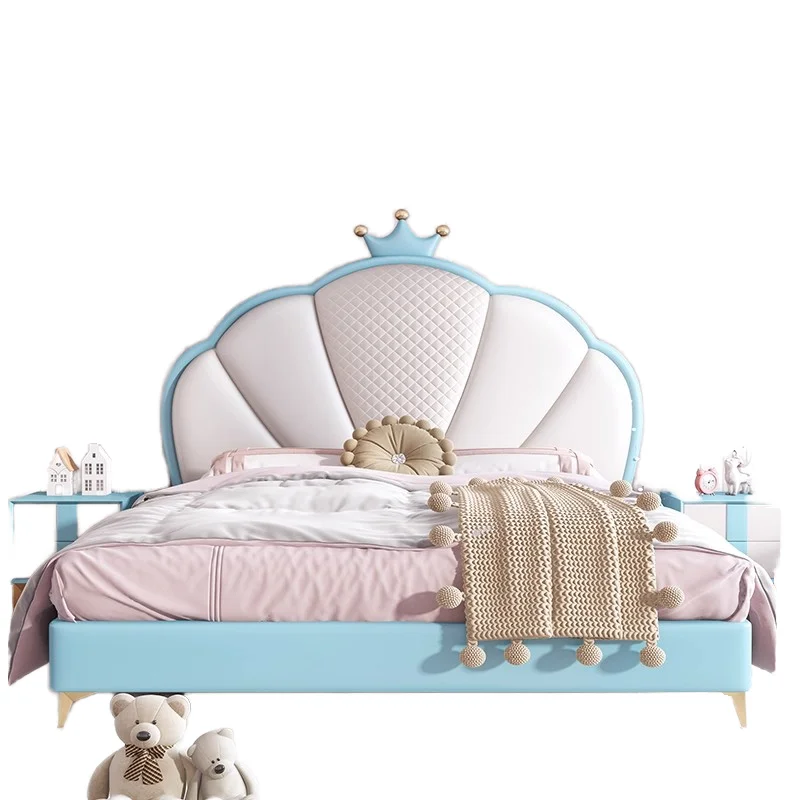 Modern Children's Bed Soft Bag Backrest 1.8 Meters Double Princess Bed Bedroom Crown Design Wooden Bed Leather Upholstery