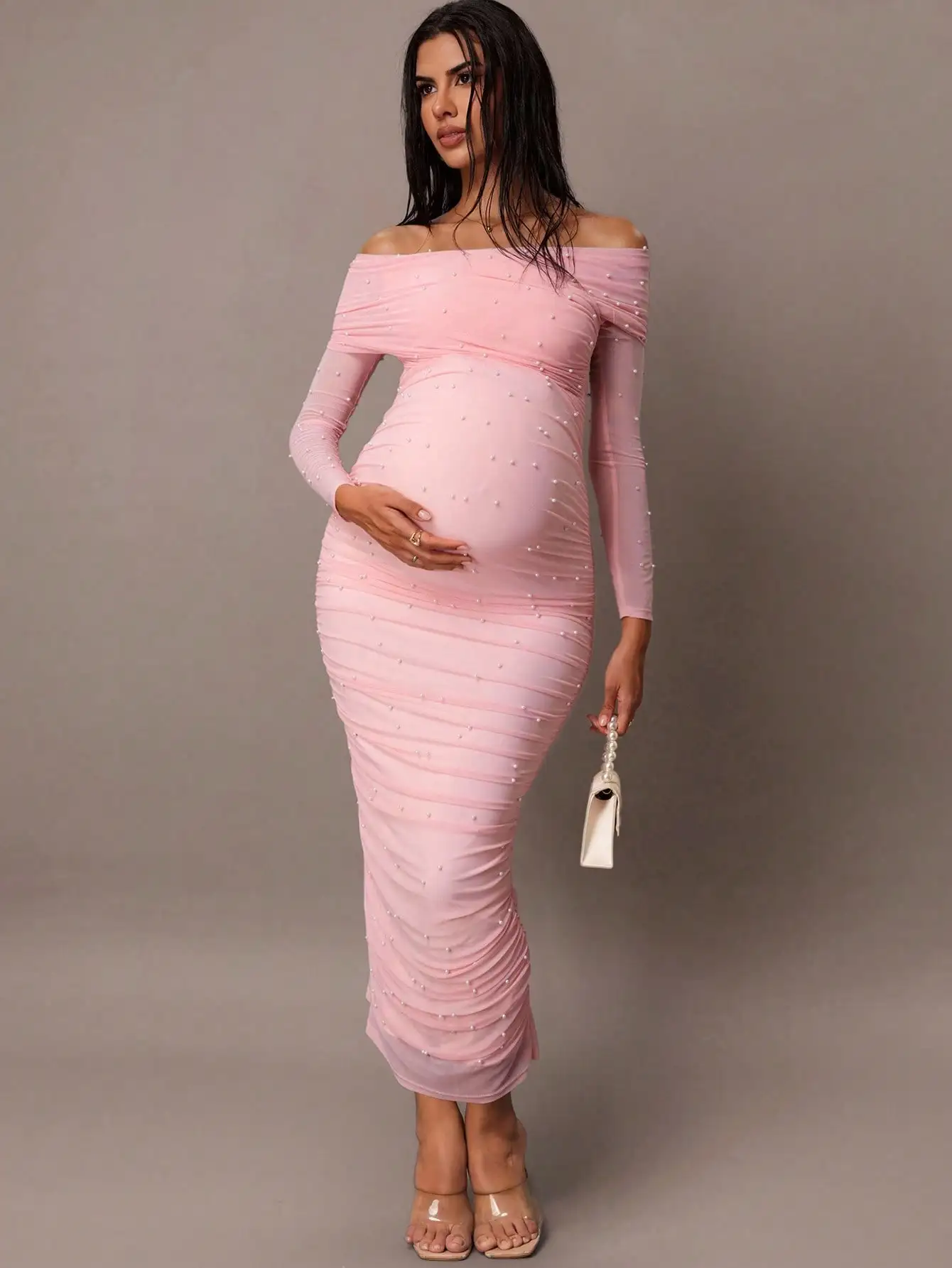 

Elegant Pink Off-Shoulder Pearl Embellished Ruched Slim Fit Maxi Dress for Party or Date
