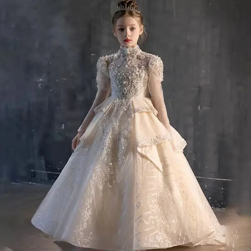 

Children Princess Long Sleeve Wedding Birthday Pageant Party Beads Lvory Lace Arabic Girl Dress Evening Gown Dresses Costume