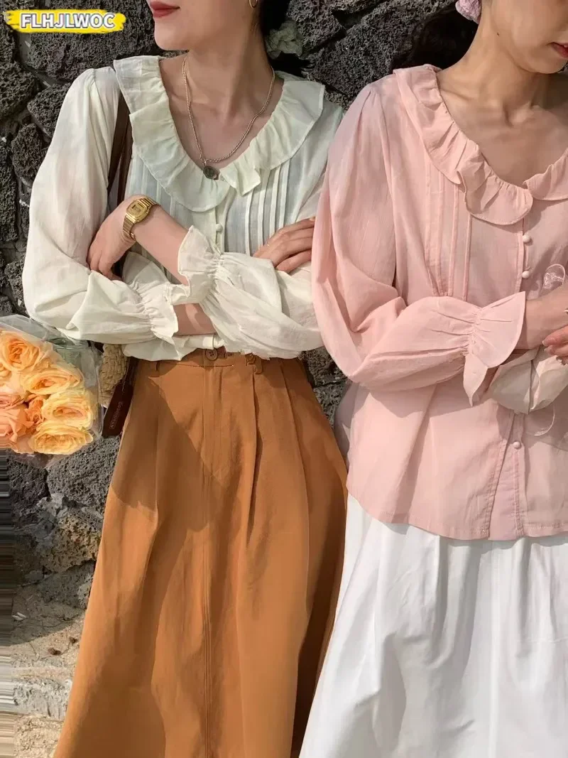 Estilo japonês coreia chique topos verão feminino manga alargamento camisa blusa estilo preppy meninas doce bonito rosa babados retro vintage topo