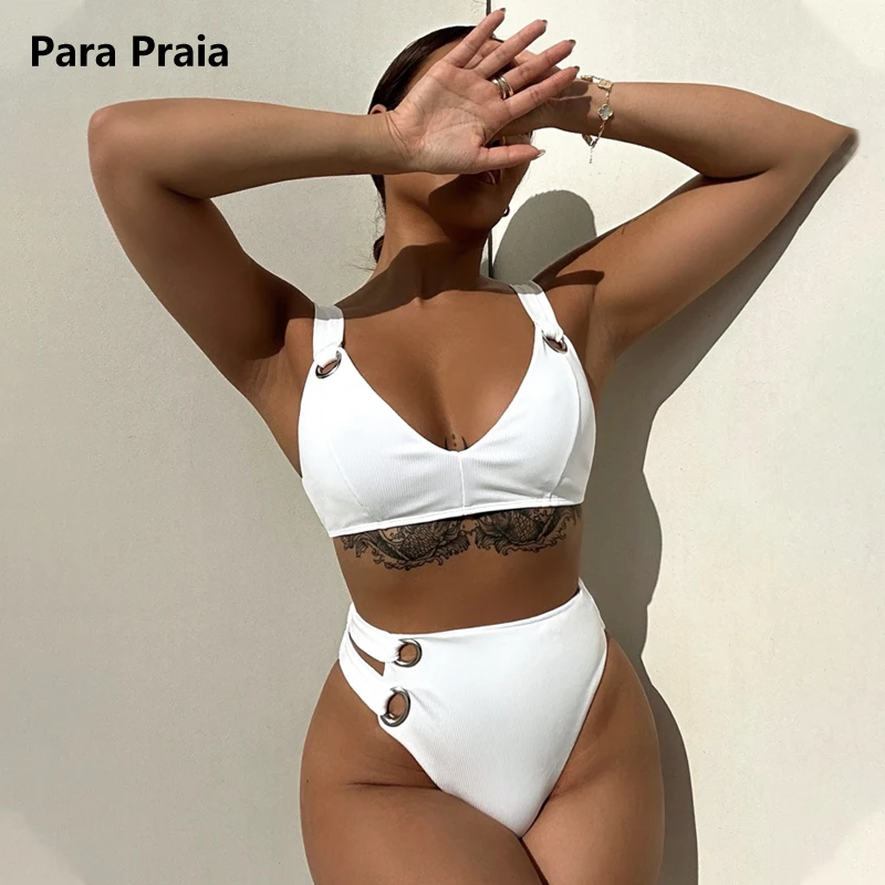 Para Praia High Wasit Swimsuit Women Push Up Bikini with Rings 2024 Sexy Swimwear Female V Neck Swimsuit New Bathing Suit