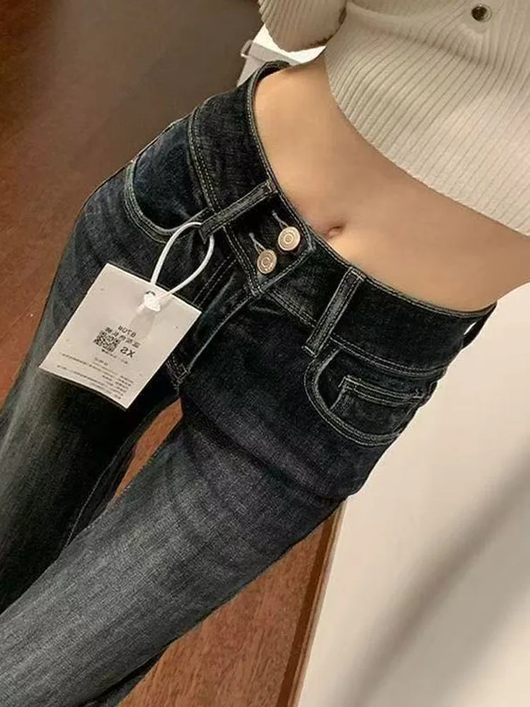 

plus Size American Retro Button Detail High Waist Skinny Jeans Women's Autumn Winter Long Flared Denim Pants Slimming Effect