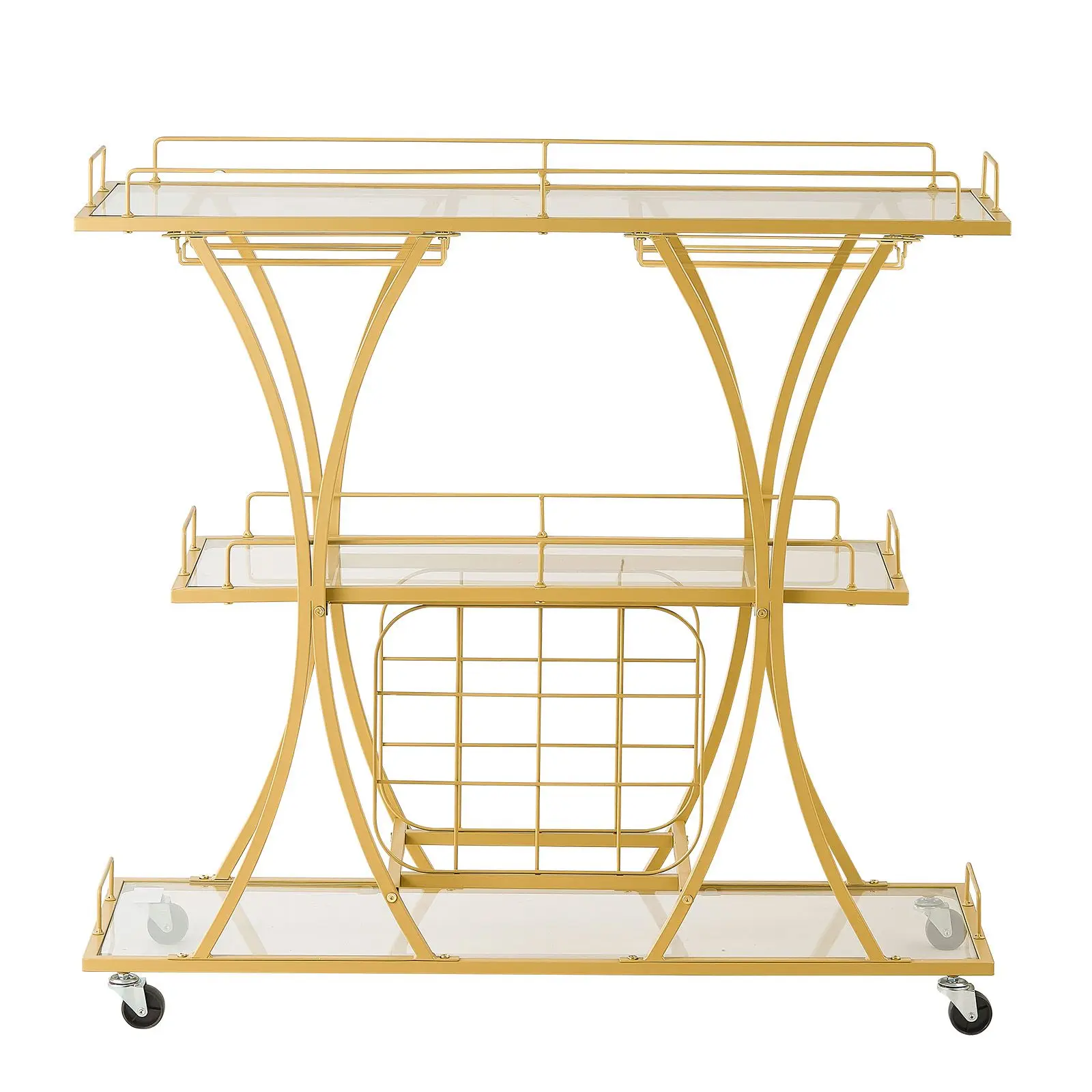 Bar Cart, 3 Tiers Home Kitchen Serving Carts, Modern Rolling Utility Station on Wheels, Drink Beverage Trolley with Tempered