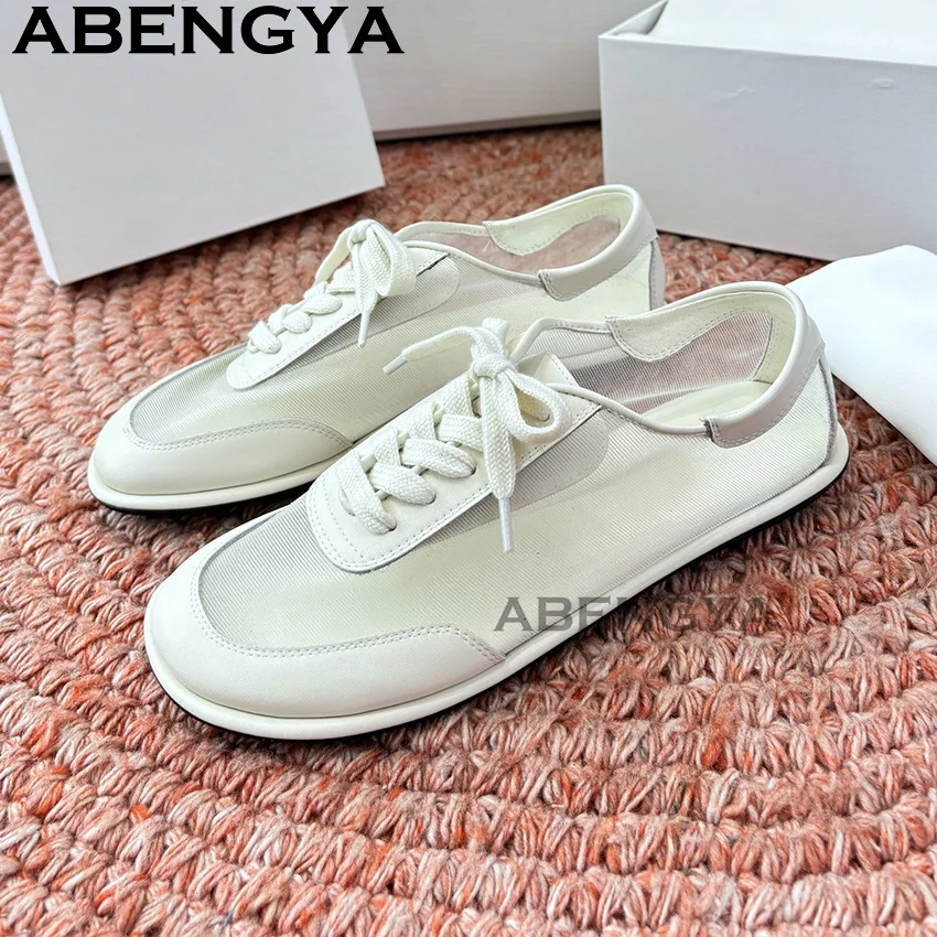 Lace Casual Breathable Running Shoes for Women Summer Round Toe Lace Up Flat Shoes Comfortable Oxfords Bottom Balance Sneakers
