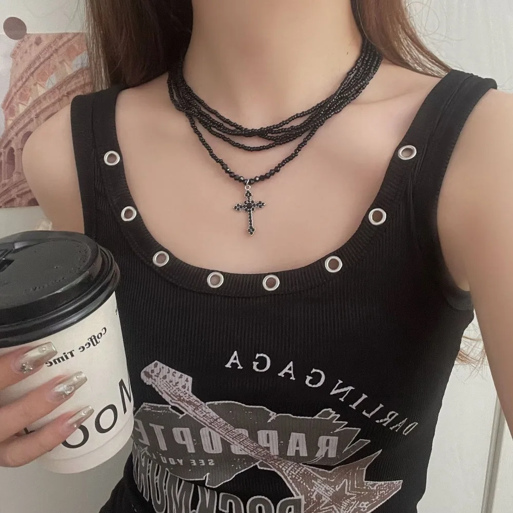 Retro Personality Black Crystal Cross Pendant Multi-layer Fold Wear Beaded Necklace for Women Punk Collar Chain Jewelry Gifts