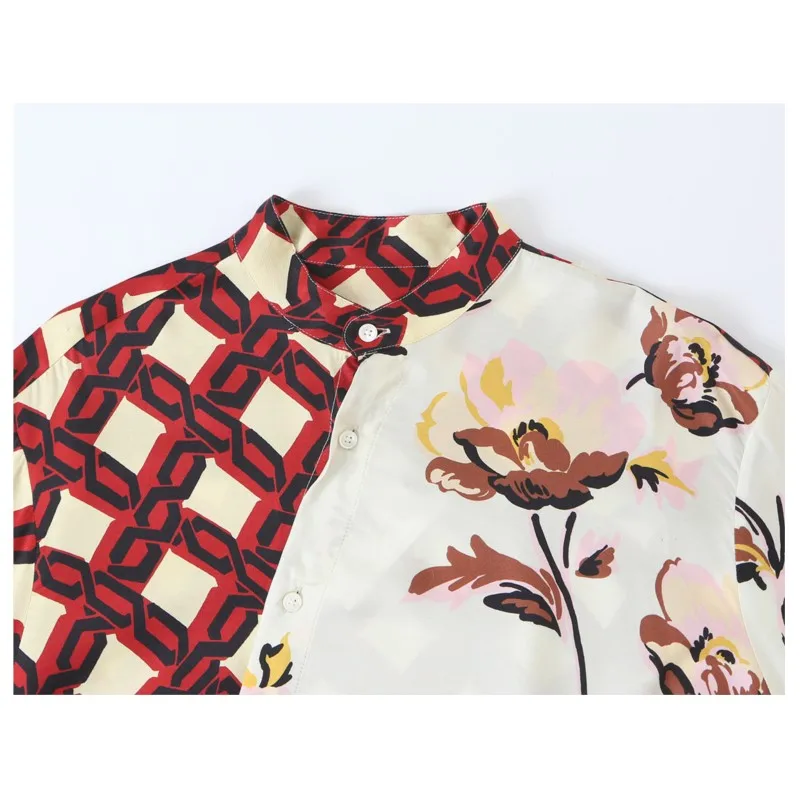 Women Splicing Printed Shirt Autumn Stand Neck Long Sleeve Buttons Asymmetry Hem Blouses Fashion Casual Female Vintage Chic Top image 3