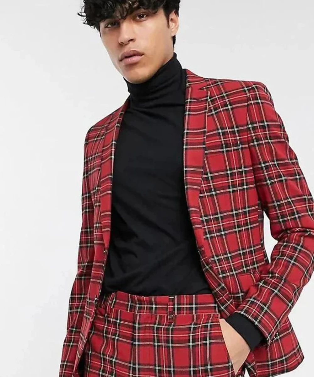 Hot Selling Red Striped Checkered Men\'s Suit Two-pieces(Jacket+Pants) Slim Fit Daily Fashion Male Clothing