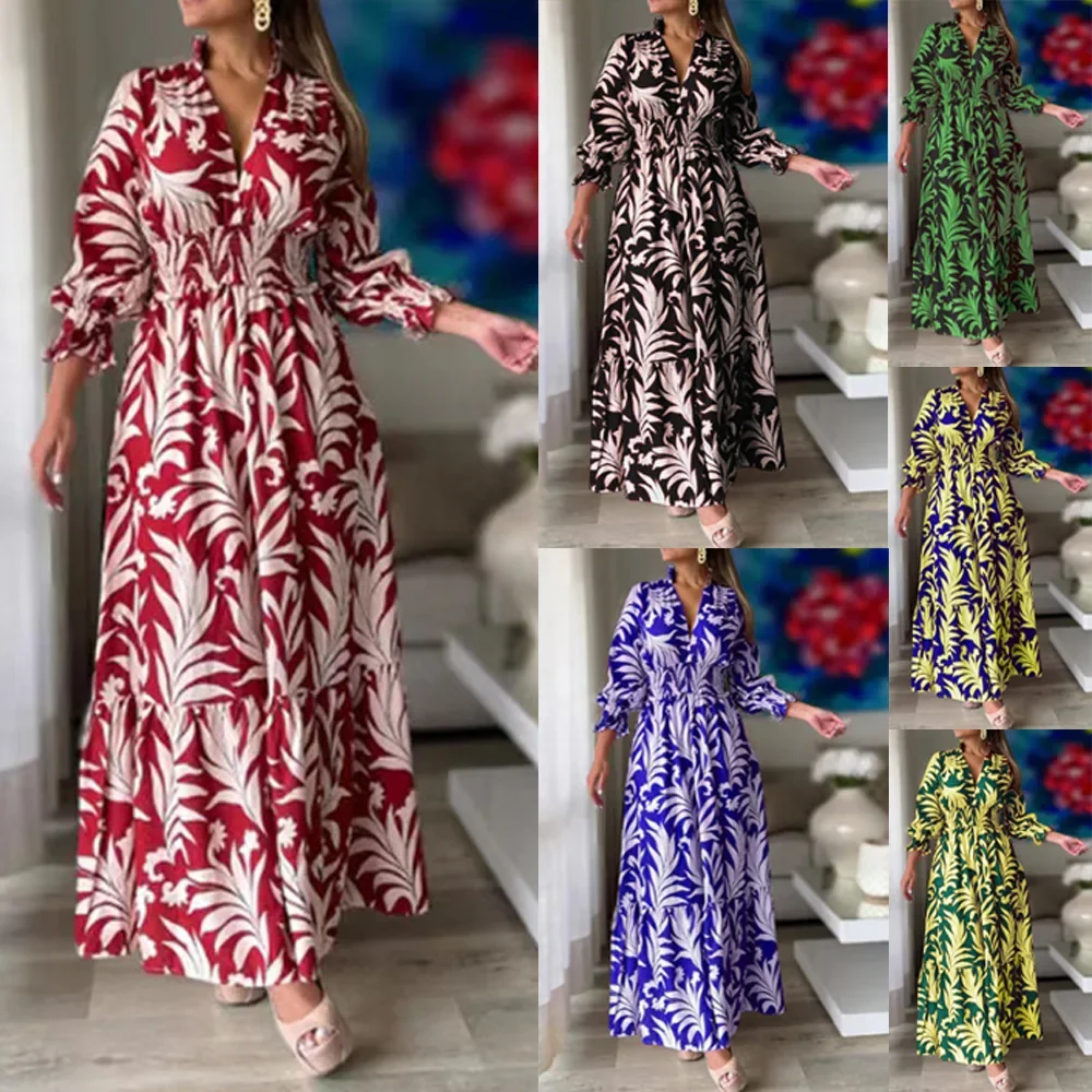 

2024 Spring Autumn New Women Long Dress Waist Pullover Bohemian Print Long Sleeve Large Swing Female Vestidos