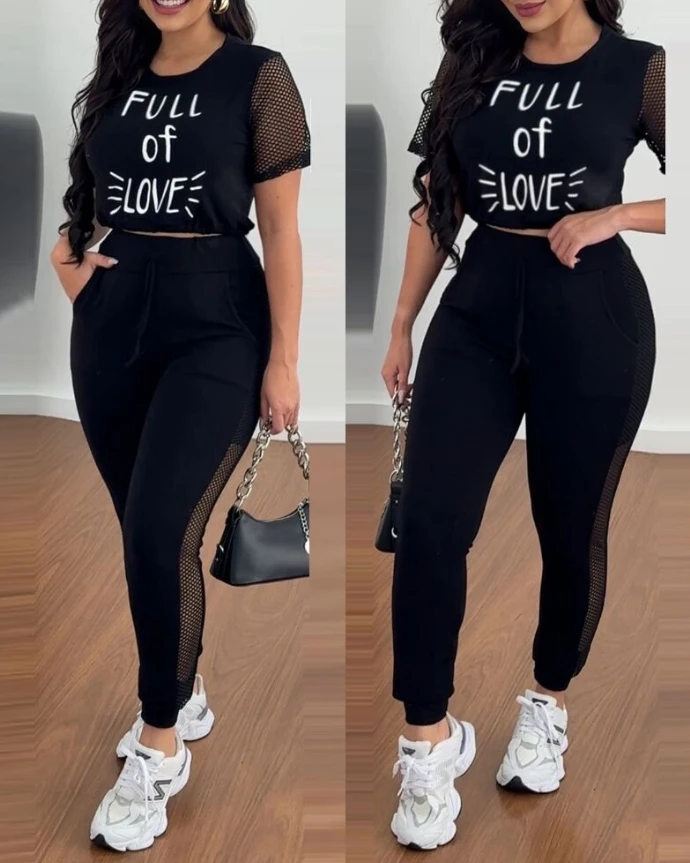 Women's 2-piece letter printed round neck transparent mesh patch top with casual pocket design slim fit pants set