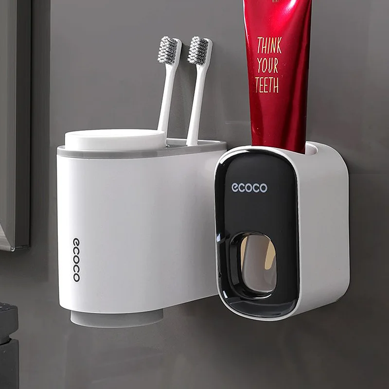 ECOCO Automatic Toothpaste Squeezer Couple Magnetic Suction Mouthwash Cup Toothbrush Storage Rack Bathroom Wall Mounted Shelf