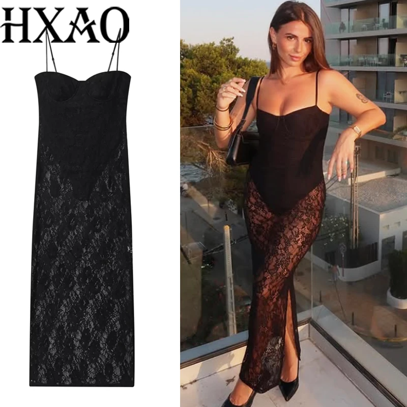 HXAO Slip Lace Dress Summer Black Long Dress Corset Tulle Semi Sheer Party Dresses For Woman Backless Sexy Elegant Evening Dress