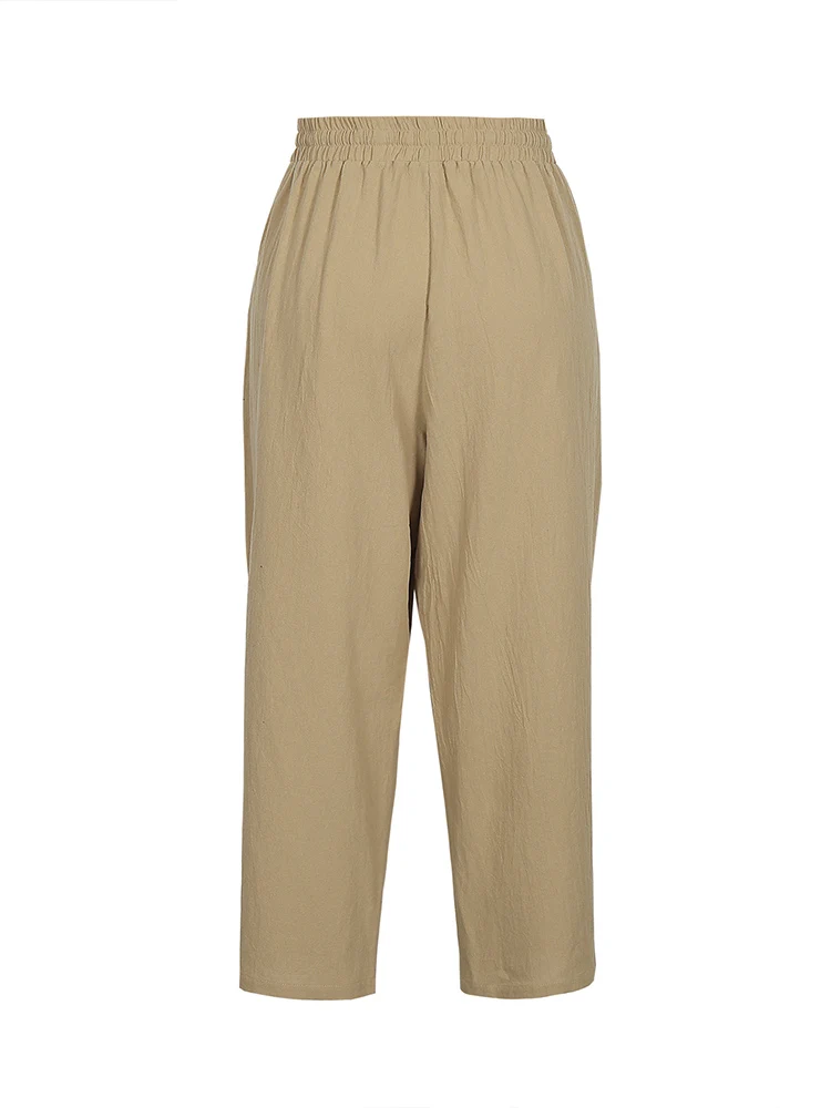 Einfarbige Freizeithose mit Kordelzug und hoher Taille in Übergröße – Lässige Alltagshose, einfache Hose mit elastischem Bund – Detail 11