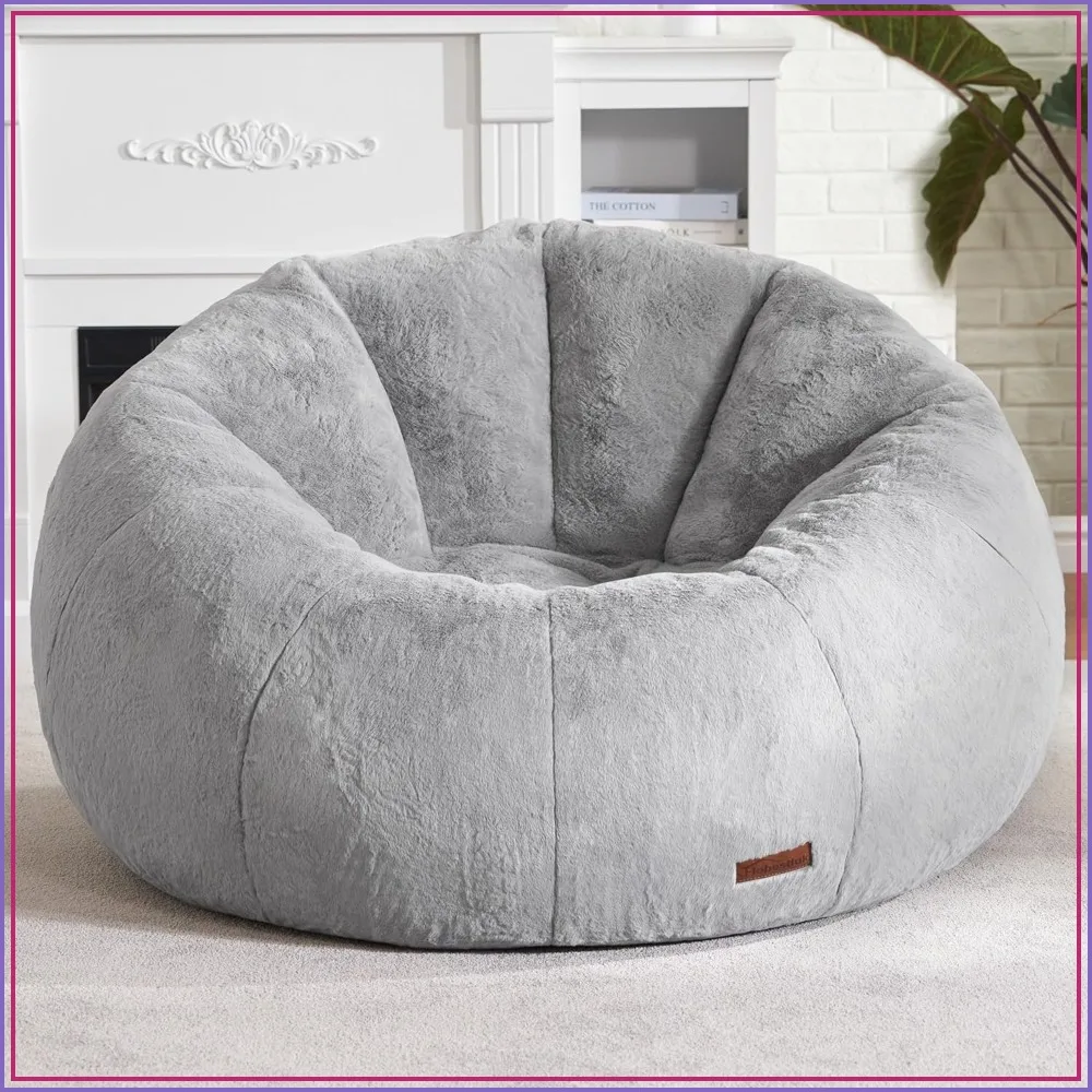 Large Bean Bag Chair for Adults, Donut-Shaped Couch with Memory Foam, Soft Faux Fur, Spacious Design for Reading & Relaxing, Grey