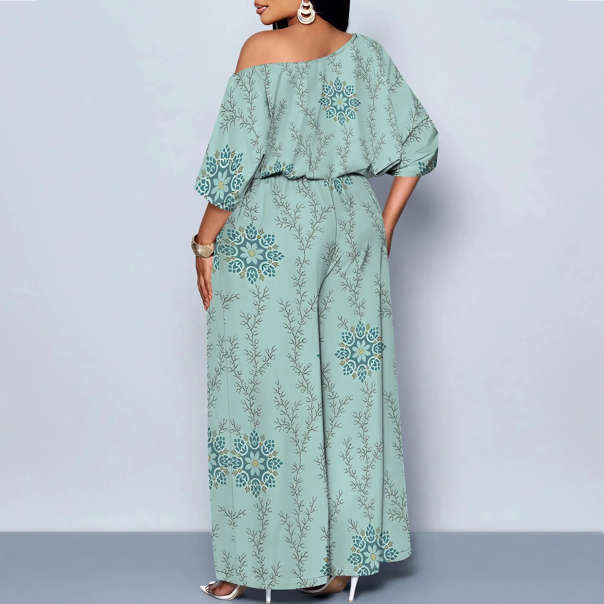 Nupusa Floral Mandala Print Two - Piece Set for Women Summer Boho Off - Shoulder Wide - Leg Outfit