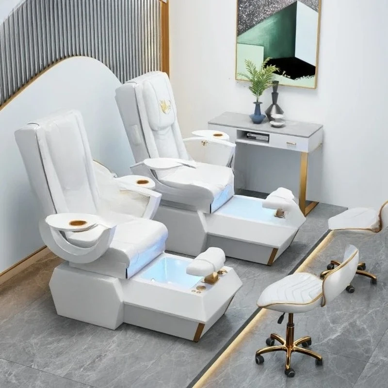 Pediküre-Stuhl, luxuriöse Massage-Fuß-Therapie aus weißem Leder, Spa-Massagestuhl, Pediküre-Rest für Schönheitsmöbel im Nagelstudio