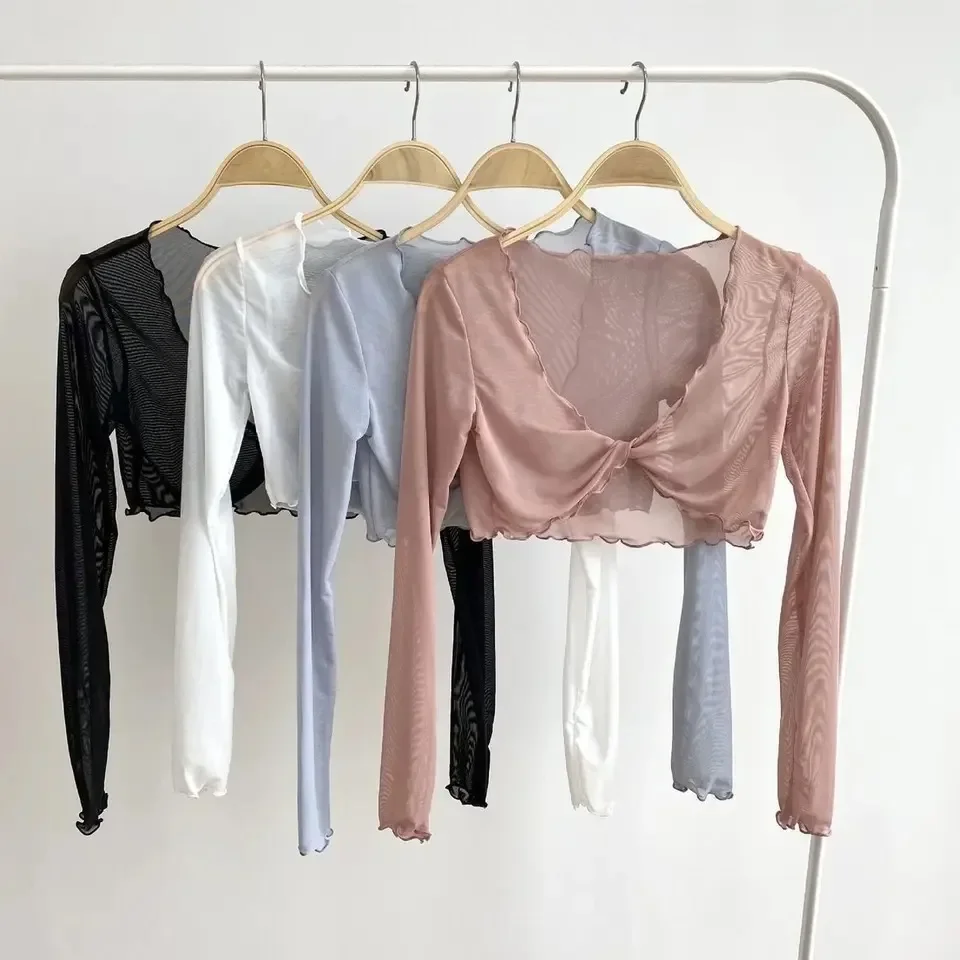 Pure Fairy Wind-mascarilla de malla con orejas de madera, camisa con perspectiva cruzada retorcida, protector solar, aire acondicionado corto, abrigo perezoso