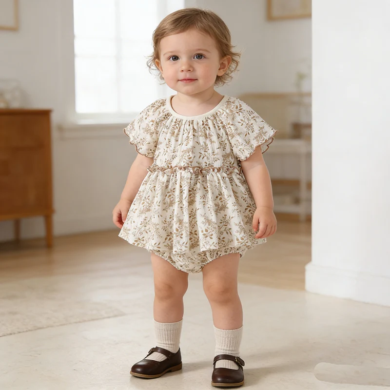 

Новинка 2023 года, летняя одежда для маленьких девочек 0-24 месяцев, комбинезон для новорожденных девочек, хлопковый комбинезон с короткими рукавами и принтом для маленьких девочек