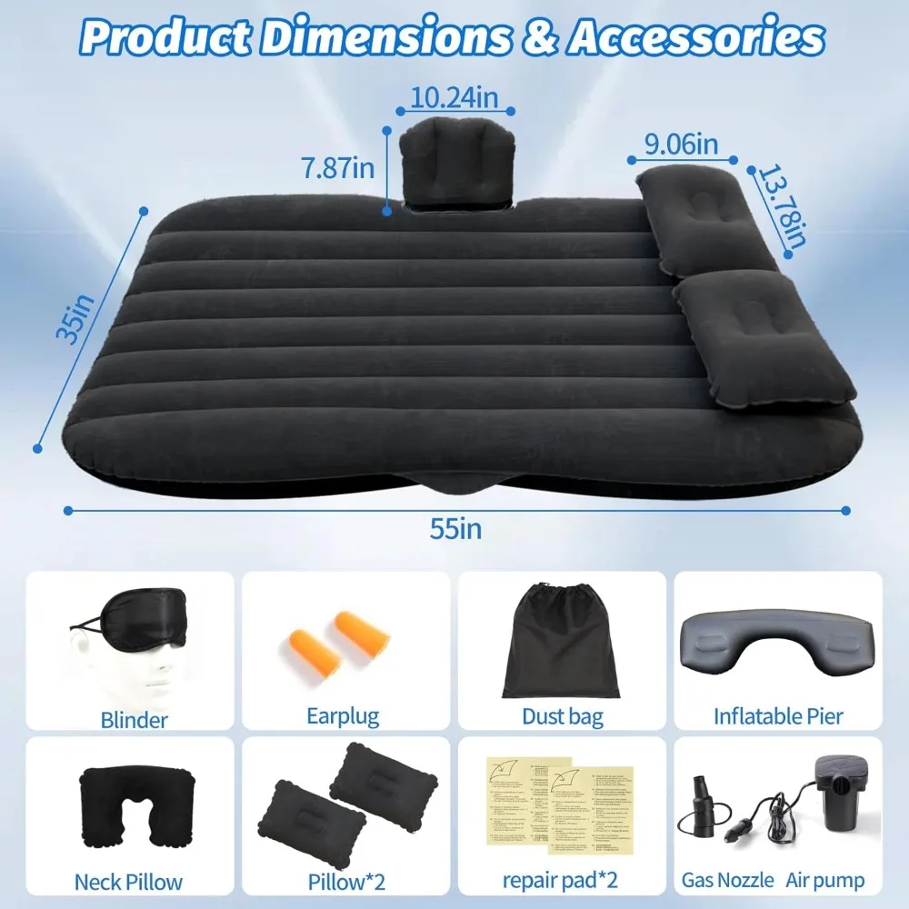 Inflatable Car Air Mattress with Pump, 55x35 Inch Portable Thickened Bed for Travel Camping SUV