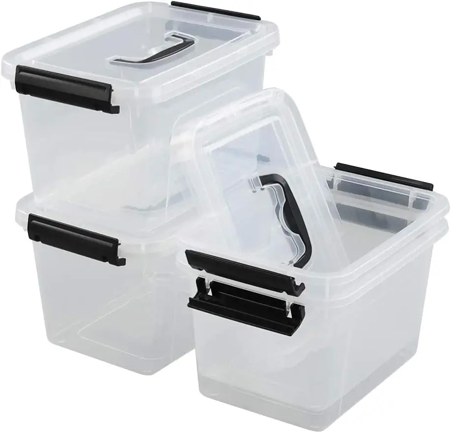 

4 Pack 6 Quart Small Plastic Stackable Boxes, Clear Latching Storage Bins with Handles and Lids