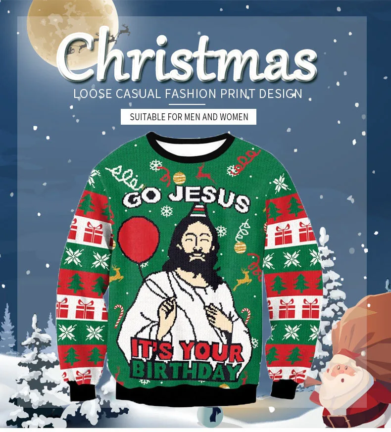 Men Women Holiday Party Xmas Sweatshirt Happy Birthday Jesus Sweater Green 3D Funny Printed Ugly Christmas Sweaters Jumpers Tops