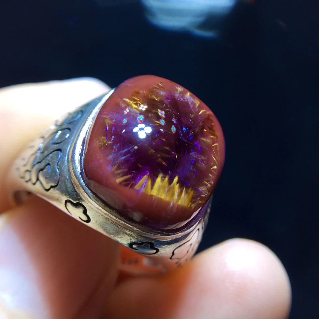 

16mm Natural Auralite 23 Gold Quartz Ring Jewelry For Women Men Cacoxenite Crystal Silver Rutilated Beads Adjustable Ring AAAAA