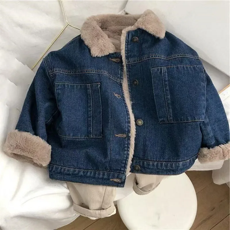 

Winter Japanese Style Fleece-lined Thickened Denim Jacket Boys Casual Lapel Lamb Wool Warm Cotton Coat