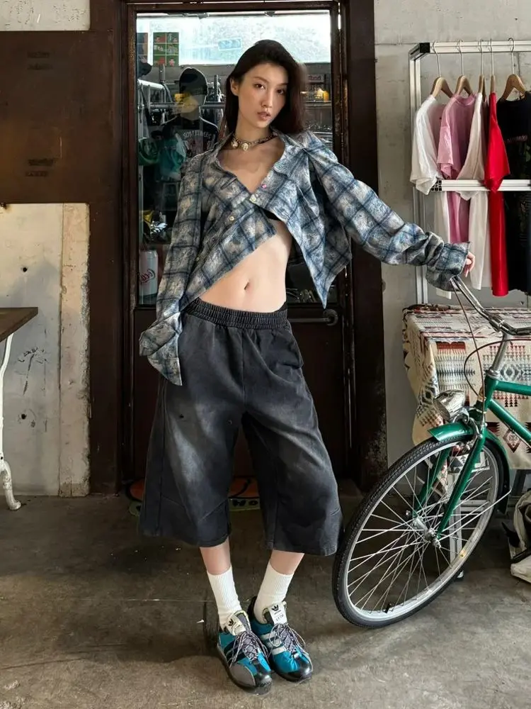 Chemises Harajuku américaines rétro bleu chemise courte à carreaux 2025 été nouveau haut Streetwear doux Camisas De Mujer