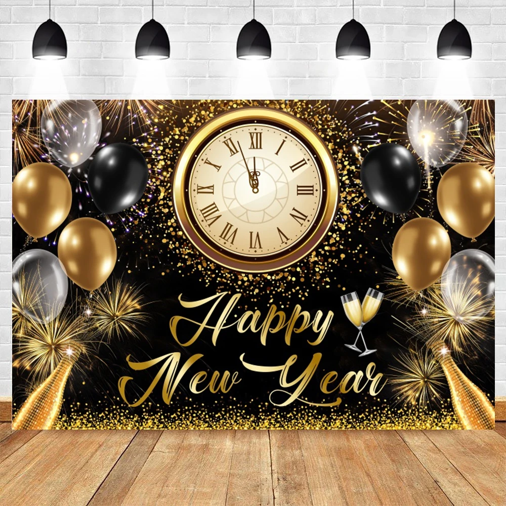 2025 New Year\'S Decor Backdrop Fireworks Champagne Golden Balloon Banner Celebrate Party Family Poster Photography Background