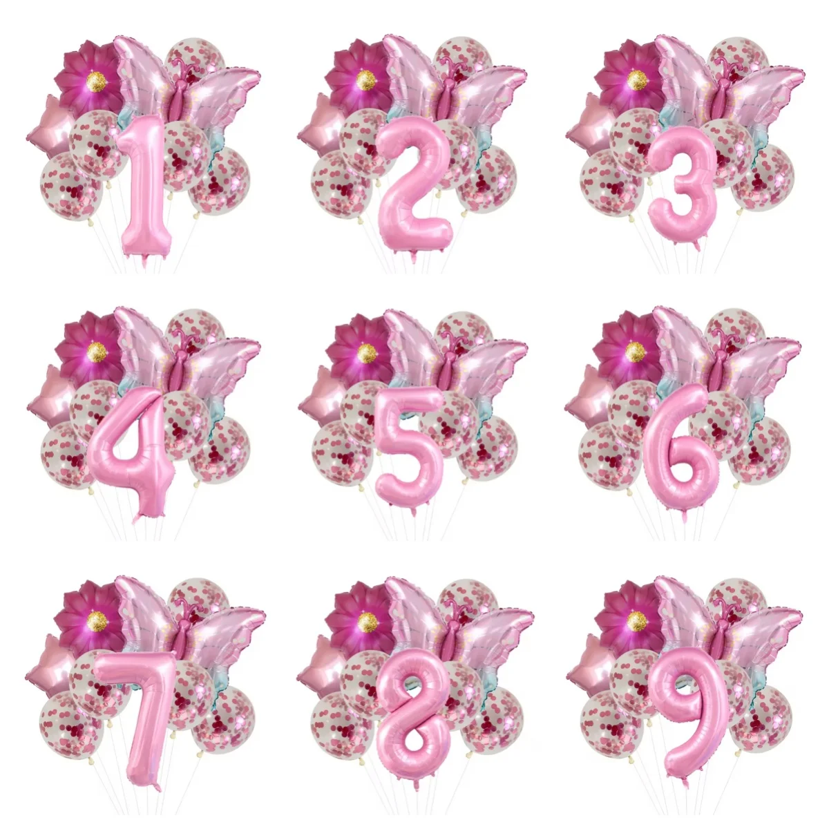 Rosa Schmetterling, Blumen, Zahlen, fünfzackige Sterne, Latex-Pailletten-Ballon-Set für Jubiläum, Geburtstage