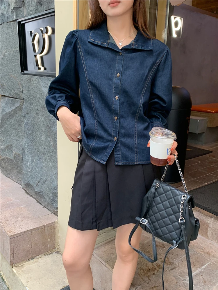 Retro Stand Collar ort Denim irt Women's Autumn New Design Sensation Anti Aging irt Jaet  Top Korean Sle Loose...