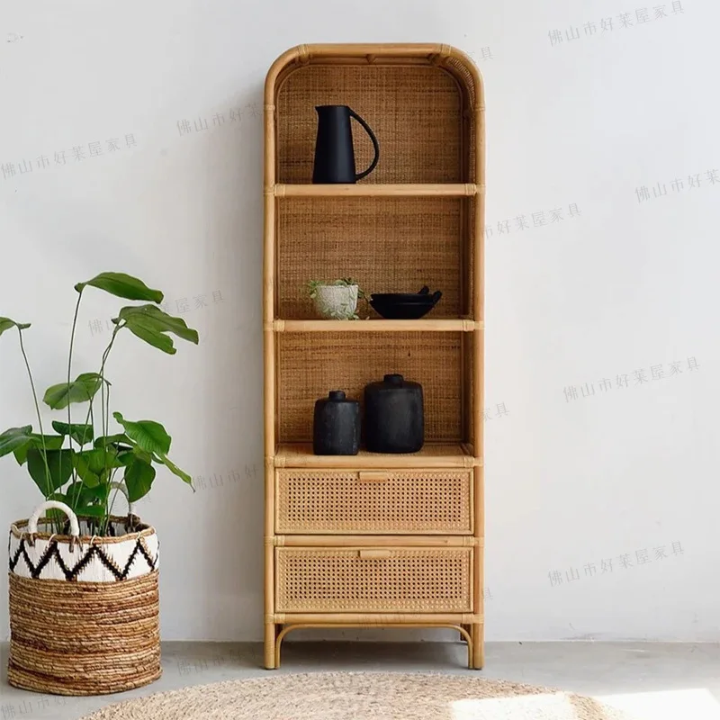 Rattan bookshelf handmade simple shelf drawer storage rack