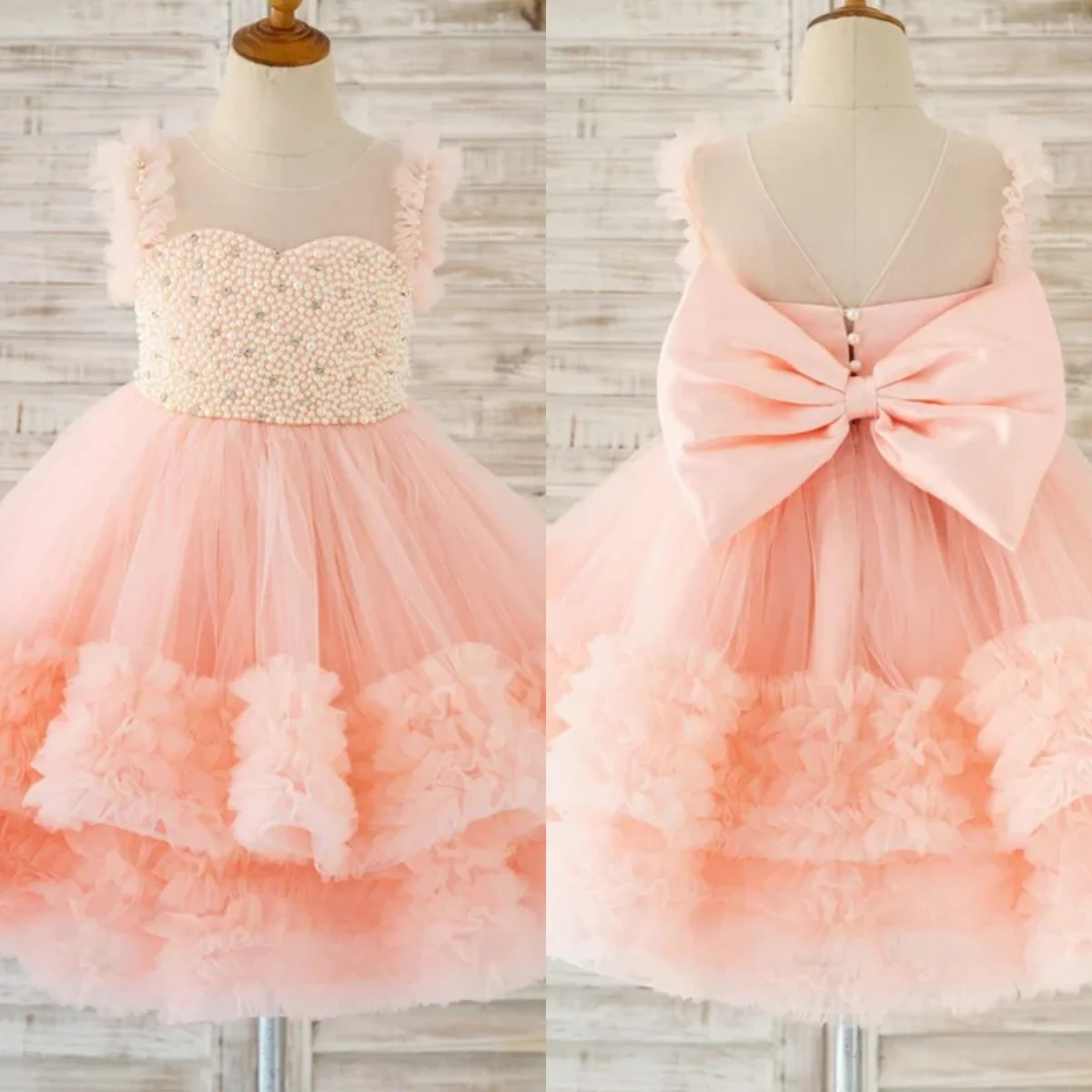 

Customized Pink Flower Girl Dress For Wedding Pearls Ruffles Floor Length Princess First Communion Birthday Gown