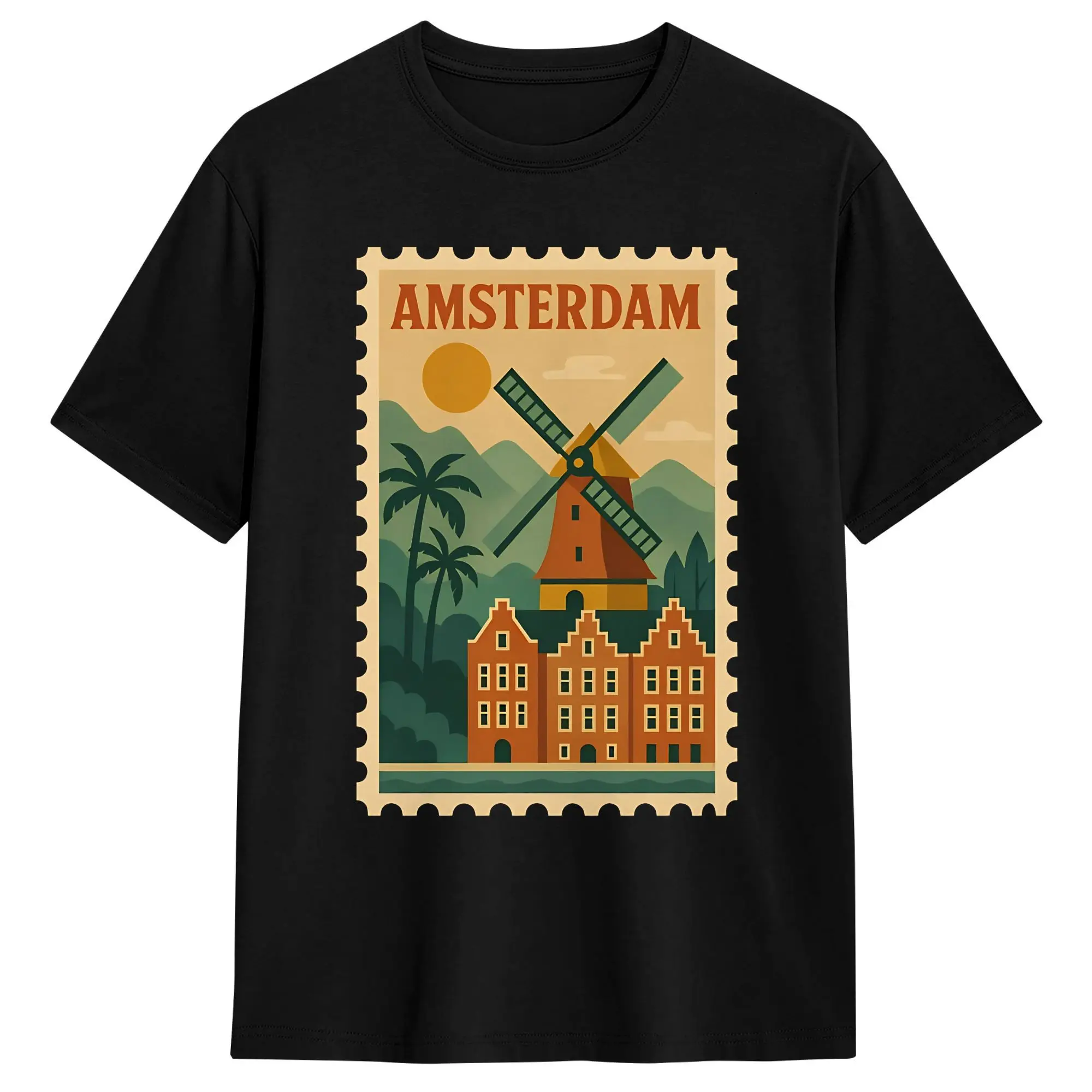 Awesome Vintage Stamp of Amsterdam  Retro Netherlands Travel Poster T-Shirt Men O Neck Cotton T Shirt Short Sleeve Tees