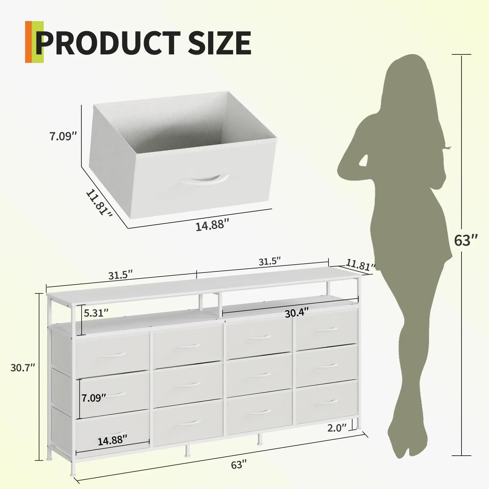 63 Inches Long Dresser TV Stand for Living Room - 12 Drawer Fabric Dresser with Open Shelves,Sturdy Large Chest of Drawers, MDF Top and Steel Frame image 3