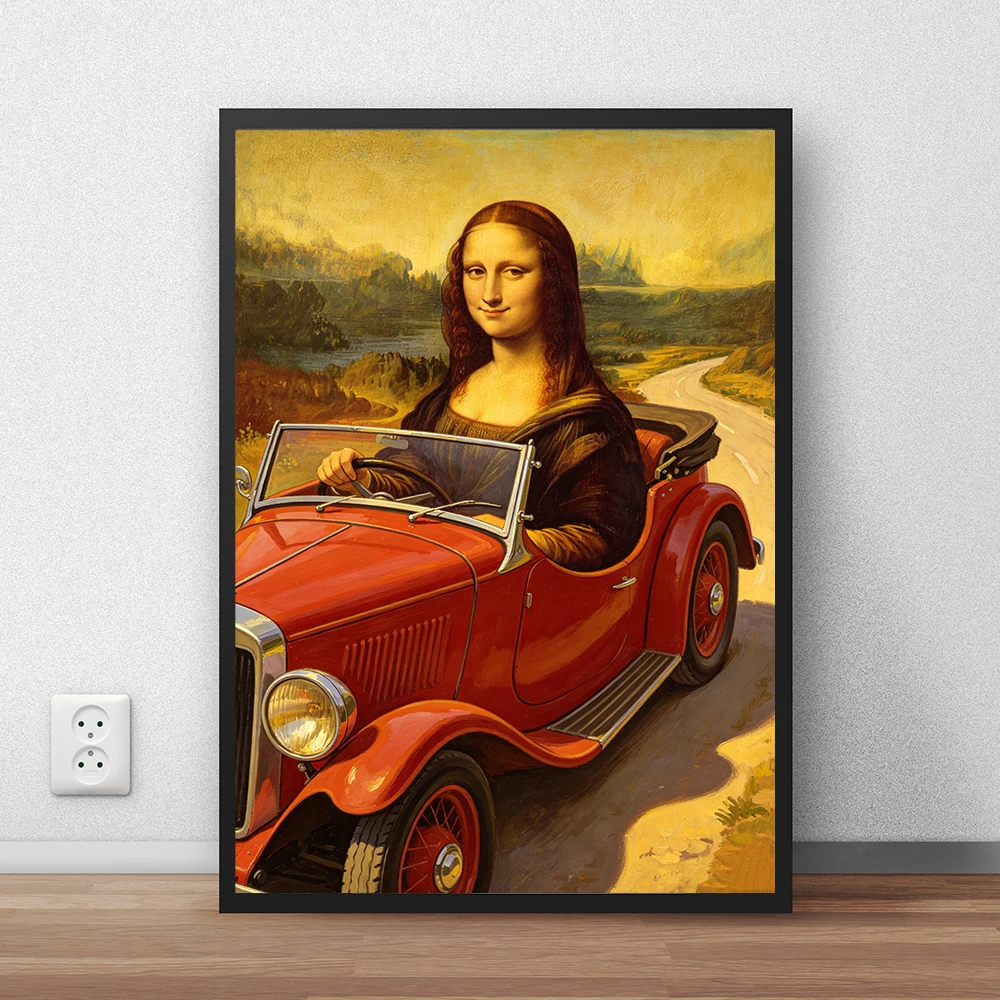 Renaissance Art Mona Lisa Modern Altered Art Poster Unusual Classic Wall Art Print Mona Lisa Riding A Motorcycle Canvas Painting
