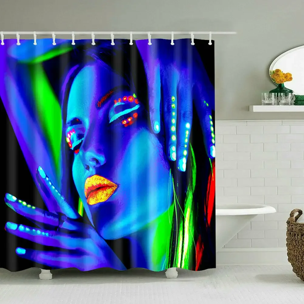 Blue Beautiful Girl with Fluorescent Lights Design Bath Curtains