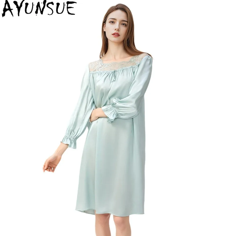 AYUNSUE 100% Mulberry Silk Pijama Feminino 16MM Silk Court Style Spring and Summer Pajamas Nighty for Ladies Пижама Женская