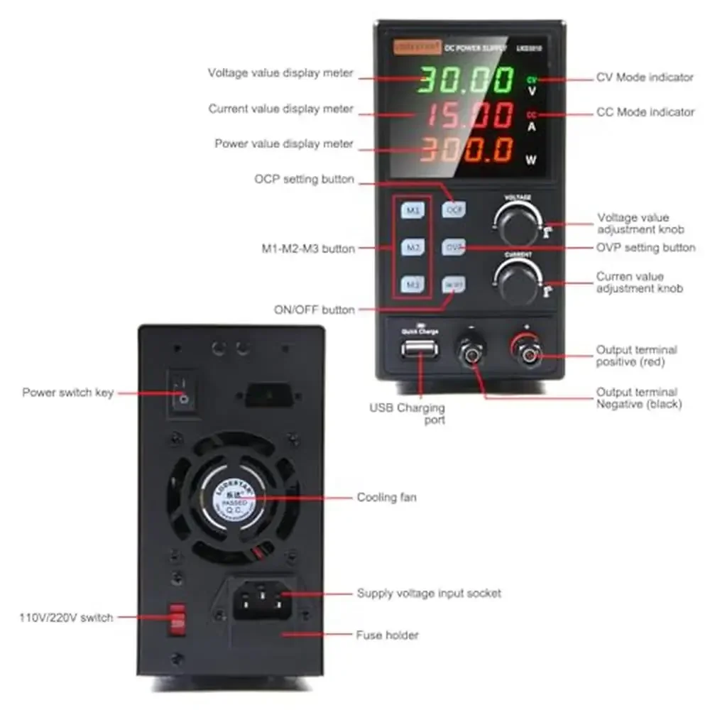 Fuente de alimentación de Banco ajustable, almacenamiento de memoria de 3 grupos, perilla codificadora de alta precisión, protección OCP/OVP, 30V, 10A