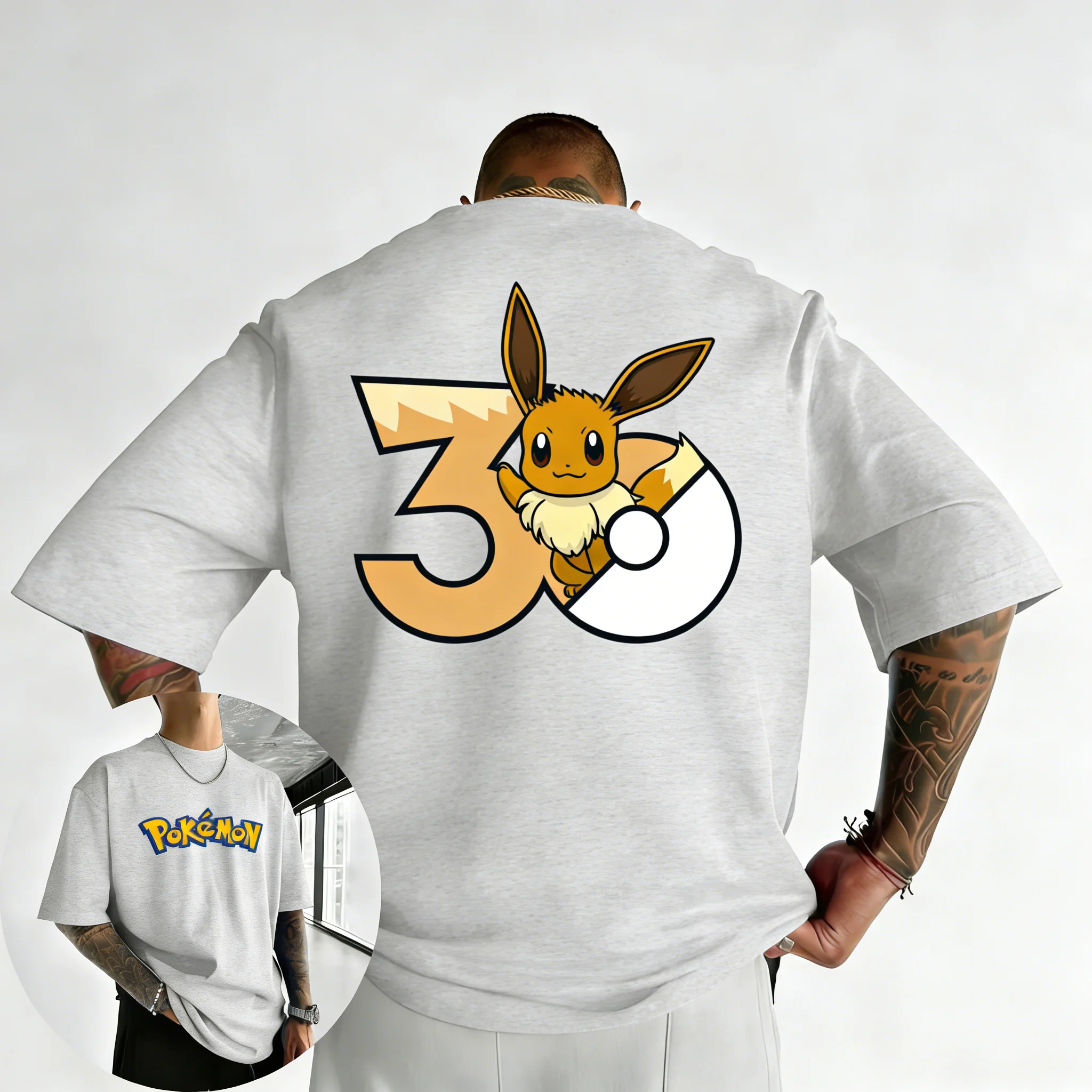 2026 Pokémon 30. Jubiläum Eevee Bedrucktes T-Shirt Sommer Neu Herren und Damen Trendiges Großes Lockeres Lässiges Y2K Kurzarm-Oberteil – Detail 9